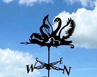 Swan Family Weathervane, Steel Wind Direction Indicator, Garden Roof Decor, Mount Included