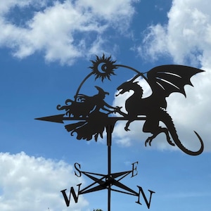 Dragon & Witch Metal Weather Vane - Handcraft Wind Vane Decor for Roof or Garden - Metal Wind Direction