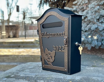 Buzón personalizado con cerradura y diseño de gato - Buzón moderno para montaje en pared