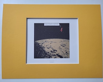 Tintin Explorers on the Moon original lithographic print featuring Tintin and the rocket above the moon.
