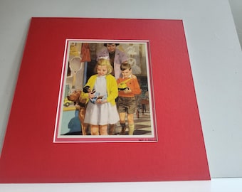 A vintage Ladybird red picture card depicting a scene leaving the toy shop from 1958 from art by Ladybird artist Harry Wingfield.