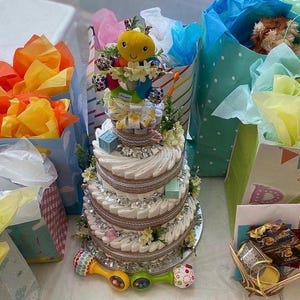 Diaper Cake/Baby Shower/Baby Shower Centerpiece/Unique Baby Gift/New Mom Gift/Tiered Baby Cake/New Baby Gift/Baby Shower Decorations