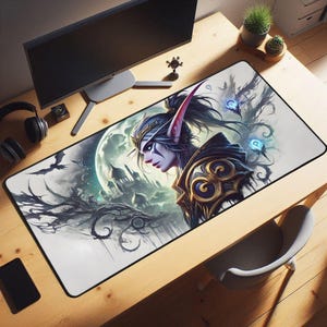 XXL Gaming Mouse Pad with Mystic Elf Warrior | Fantasy Desk Mat with Moon & Magic | Gift for Gamers and RPG Fans