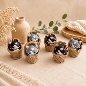 Könnte beinhalten: Sechs kleine Katzenfiguren, die in strukturierten Körben sitzen. Drei Katzen sind schwarz mit weißen Abzeichen und rosa Herzen auf der Stirn, während drei grau mit weißen Abzeichen und weißen Herzen auf der Stirn sind. Jede Katze hat große Augen.
