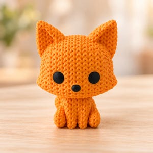 Könnte beinhalten: Eine kleine, leuchtend orangefarbene Fuchsfigur mit einer strukturierten Oberfläche, die ein Strickmuster imitiert. Der Fuchs hat einen großen Kopf mit spitzen Ohren, zwei runde schwarze Augen und eine kleine schwarze Nase in kompakter Form.