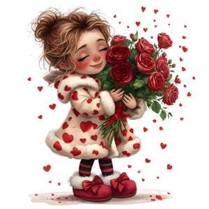 5 PNG de una alegre chica de San Valentín abrazando un ramo de rosas rojas en un estilo de dibujos animados caprichoso con patrones de corazones, impresiones de pareja de San Valentín
