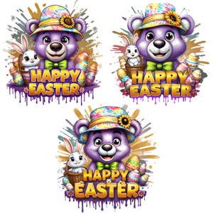 Happy Easter Cartoon Style Purple Bear and Bunny with Colorful Eggs PNG SVG Bundle for Festive Celebrations