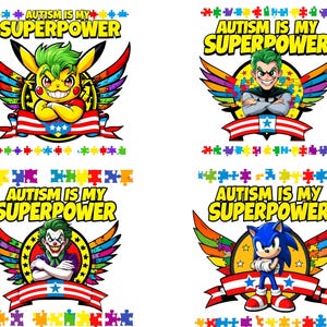 Autism Is My Superpower Cartoon Character Bundle - PNG and SVG Files of Vibrant, Colorful Designs for Superhero Autism Awareness PNG