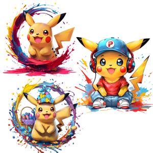 Pikachu 3 PNGs Pikachu Splash and Watercolor Png Pikachu Transparent PNG Bundle file for Sublimation Cartoon Creature with Cap and Headphone