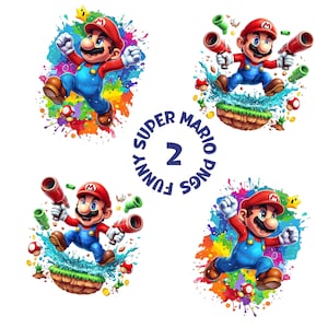 2 images PNG Super Mario, images clipart Mario amusantes, Mario ludique en action sublimation, Mario sautant avec des pistolets à eau PNG