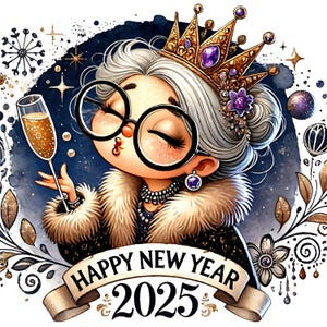 5 Funny Old Lady Celebrating New Year 2025 Clipart PNG JPG New year decoration New Year Wishes & Fun Digital Download Junk Journal Scrapbook