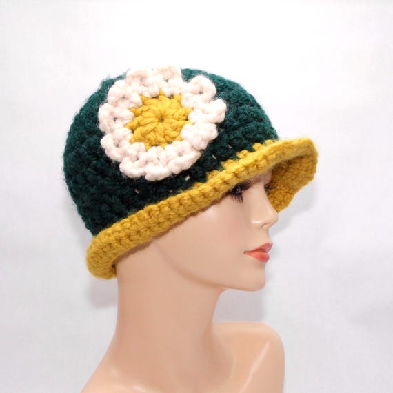 Crochet Bucket Hat With Flower and Brim: Green & Yellow - Etsy display picture 1