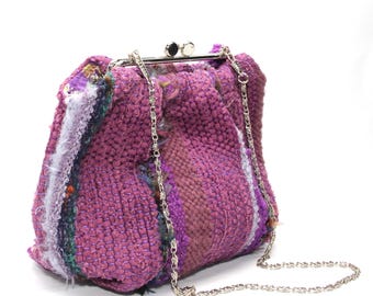Small Purple Hand Woven Purse with Silk Lining and Metal Handle: Handmade