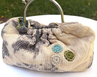 Unique Silk Screened Gray Purse with Crochet Embellishments: Handmade