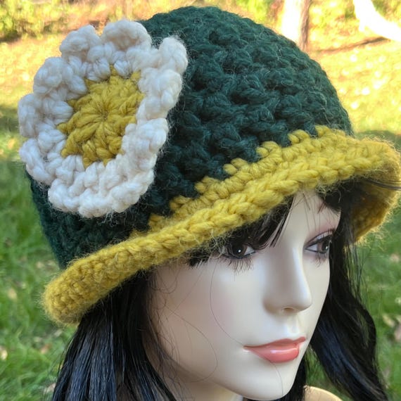 Crochet Bucket Hat With Flower and Brim: Green & Yellow - Etsy
