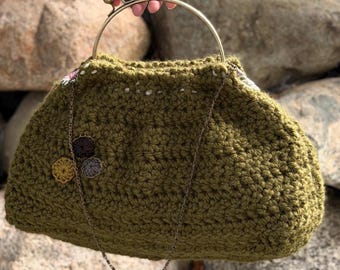 Crochet Handbag: Olive Green Boho Purse with Metal Handle