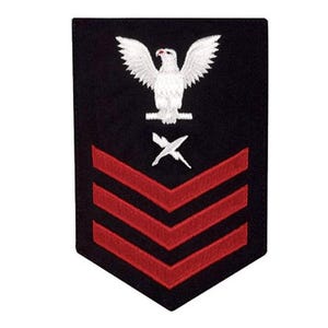 May include: A black and red embroidered patch with a white eagle and crossed lightning bolts. The patch has three red chevrons.