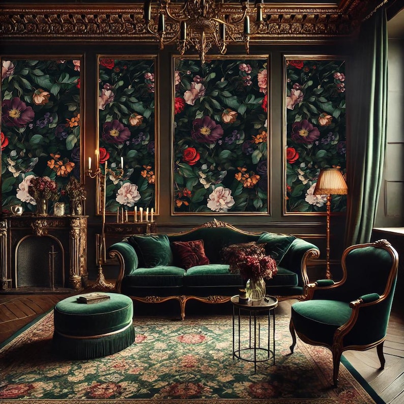 Dark Floral Wallpaper Vintage Botanical Roses and Peonies Wall Mural ...