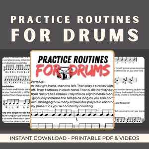 May include: A digital document titled Practice Routines for Drums featuring musical notation, rhythmic exercises, and instructional text. The layout includes a central graphic with a drum icon, surrounded by detailed percussion practice guides.