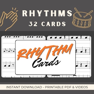 Op de afbeelding: Een muziekthema-afbeelding met het woord "RHYTHMS" boven "32 CARDS". De afbeelding bevat een drum, klappende handen en een kaart met de tekst "RHYTHM Cards". Witte kaarten met muzieknoten zijn ook te zien.