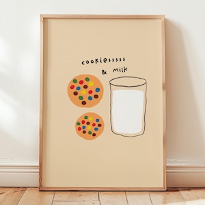 Cookies and Milk Print, Retro Kitchen Wall Art, Food Poster for Kitchen, Vintage Dessert Decor, Cute Bakery Artwork, Gift for Food Lovers