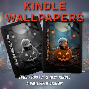 May include: Two black Kindle e-readers displaying digital wallpapers featuring a ghost wearing glasses reading a book while sitting on a jack-o'-lantern. The text "ONE MORE COZY CHAPTER" is visible on the screens. The image includes 4 Halloween designs.