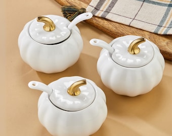 3 Pieces Stylish White Ceramic Pumpkin Spice Jars with Lids And Gold Details For Modern Home Kitchen  Eco Friendly For Mothers Day