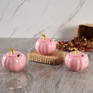 Pink Ceramic Spice Jar Set with Golden Lids – 3 Piece Decorative Kitchen Containers for Salt Sugar Storage and Modern Countertop Decor