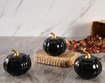Black Ceramic Spice Jar Set with Golden Lids – 3 Piece Decorative Kitchen Containers for Salt Sugar Storage and Modern Countertop Decor