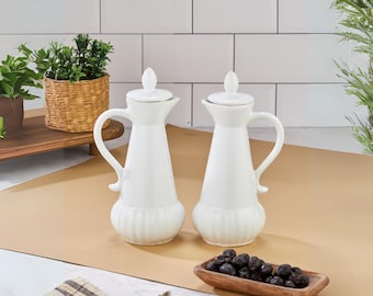 2 Pieces White Ceramic Kitchen Serving Set – Stylish Oil and Vinegar Bottles – Modern Tabletop Decor or Gift for Home and Kitchen Lovers