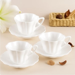 Handmade Flower Shaped Ceramic Teacup and Saucer – Modern Tea Coffee Cup Set – Unique Gift Idea for Her, Kitchen Shelf or Display Use