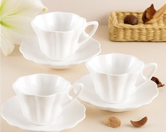 Handmade Flower Shaped Ceramic Teacup and Saucer – Modern Tea Coffee Cup Set – Unique Gift Idea for Her, Kitchen Shelf or Display Use
