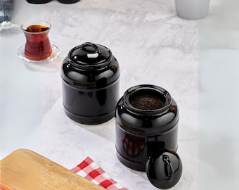 Set of 2 Black Ceramic Kitchen Canisters with Lids – Handmade Jar Set for Tea, Sugar, Coffee, Snacks, Stylish Storage Containers