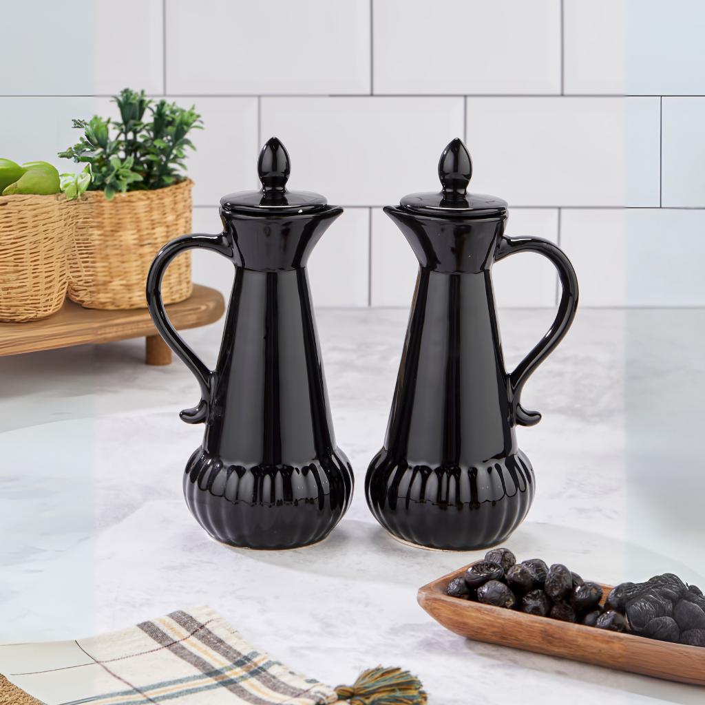 2 Pieces Black Ceramic Kitchen Serving Set – Stylish Oil and Vinegar Bottles – Modern Tabletop Decor or Gift for Home and Kitchen Lovers