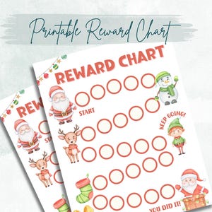 May include: A printable Christmas-themed reward chart with red and white circles for tracking progress. The chart features illustrations of Santa Claus, a snowman, an elf, and reindeer.