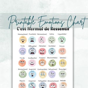 Könnte beinhalten: Eine druckbare Emotionstabelle mit dem Text "Printable Emotions Chart" und "C'est Normal de Ressentir". Die Tabelle zeigt illustrierte Gesichter, die verschiedene Emotionen darstellen, wie glücklich, traurig und wütend, wobei jede Emotion auf Französisch beschriftet ist.