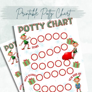 May include: Printable potty training chart featuring an elf theme. The chart has a green and white color scheme with a red and white striped elf holding a gift box. The chart has 20 circles to mark potty successes. The text on the chart reads "Potty Chart", "Start", "Keep Going!" and "You Did It!"