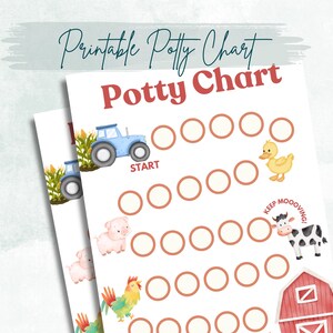 May include: Printable potty chart with a farm theme. The chart features a tractor, a pig, a rooster, a duck, a cow, and a red barn. There are 20 circles to color in as the child uses the potty.