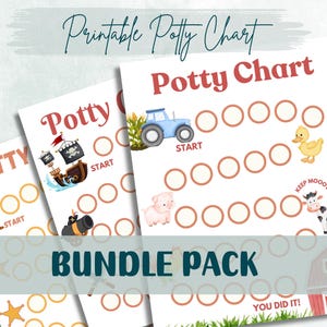 May include: A printable potty chart bundle pack with three different designs. Each chart features a different theme: a cowboy, a pirate ship, and a farm. Each chart has a start and finish line with circles to colour in as the child uses the potty.