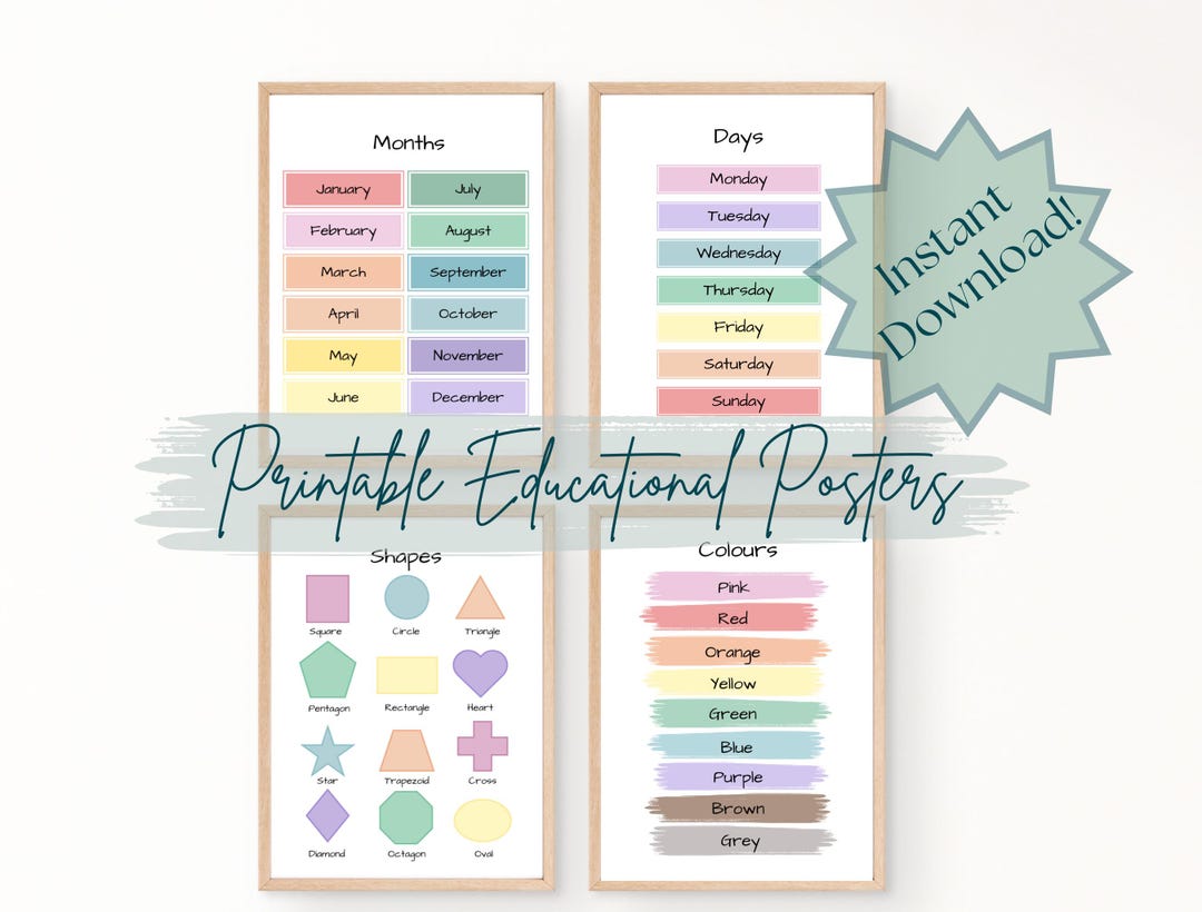 Pastel Educational Posters Set, Shapes, Colors, Days, Months (digital ...