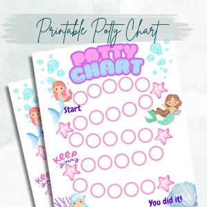 May include: A printable potty chart with a mermaid theme. The chart has a pink and purple color scheme and features a mermaid with a crown and a starfish. The chart has a start, keep going, and you did it! sections.