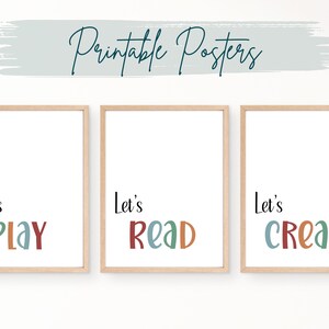 Printable Playroom Poster Set for Kids, Printable Playroom Wall Art, Let&#39;s Read, Let&#39;s Play, Let&#39;s Create, Playroom Decor, Nursery Decor