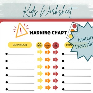 May include: A printable warning chart for children with a red, yellow, and orange colour scheme. The chart features a triangle with an exclamation mark, three emojis, and the words "BEHAVIOUR" and "WARNING CHART".