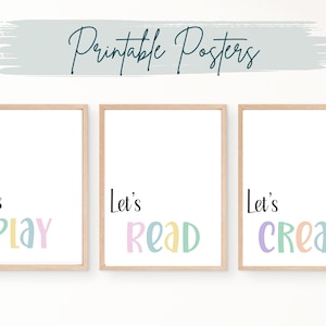 Printable Playroom Poster Set for Kids, Printable Playroom Wall Art, Let&#39;s Read, Let&#39;s Play, Let&#39;s Create, Playroom Decor, Nursery Decor
