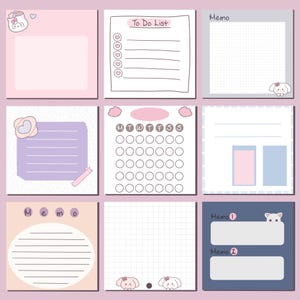 May include: Nine pastel-coloured memo pads arranged in a grid. Each pad has a unique design, such as a to-do list, calendar, and memo areas. Some pads feature cute bunny and bow bag illustrations. The pads are in shades of pink, purple, and blue.