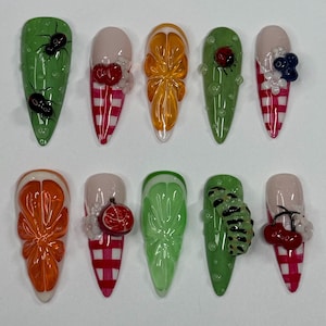 Summer Picnic Gingham Bug Fruit Leaf 3D Nails