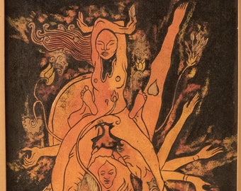 Trippy Psychedelic Sgraffito Oil Painting 1960's Erotica