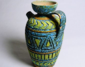Mid-Century Geometric Carved Pottery Ewer Italy