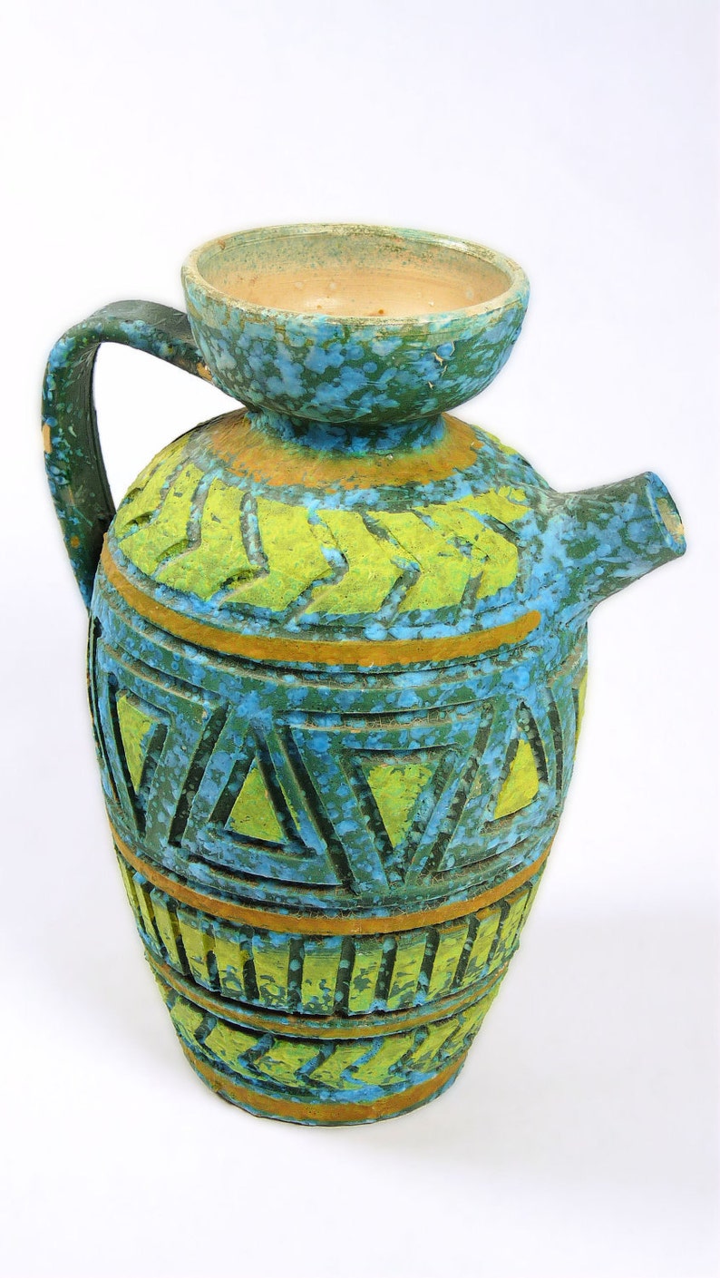 Mid-century Geometric Carved Pottery Ewer Italy - Etsy