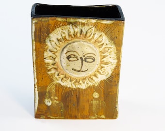Modernist Studio Pottery Vase with Sun Design "The Time To Be Happy Is Now"